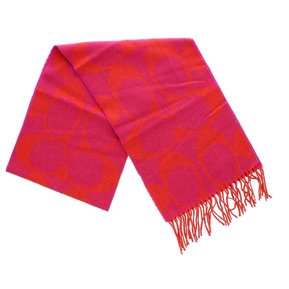 NWT Women’s Coach Signature 100% Merino Wool Fringe Scarf In Red 82” X 8.5” - Picture 1 of 11